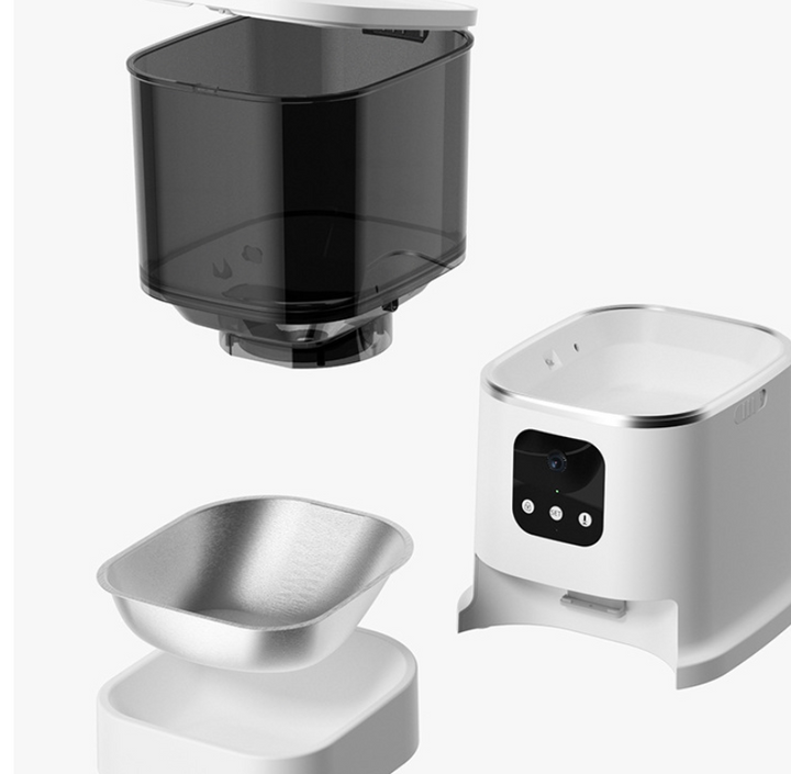 White automatic pet feeder with steel bowl