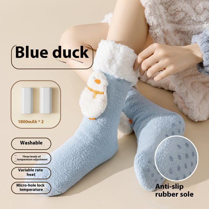 Fleece-lined heated socks with a duck design