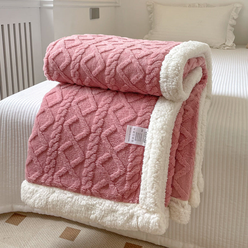 Cable-knit jacquard blanket with sherpa border