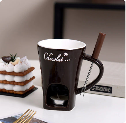 Colverro Ceramic Fondue Mug with Fork, Tealight Heated