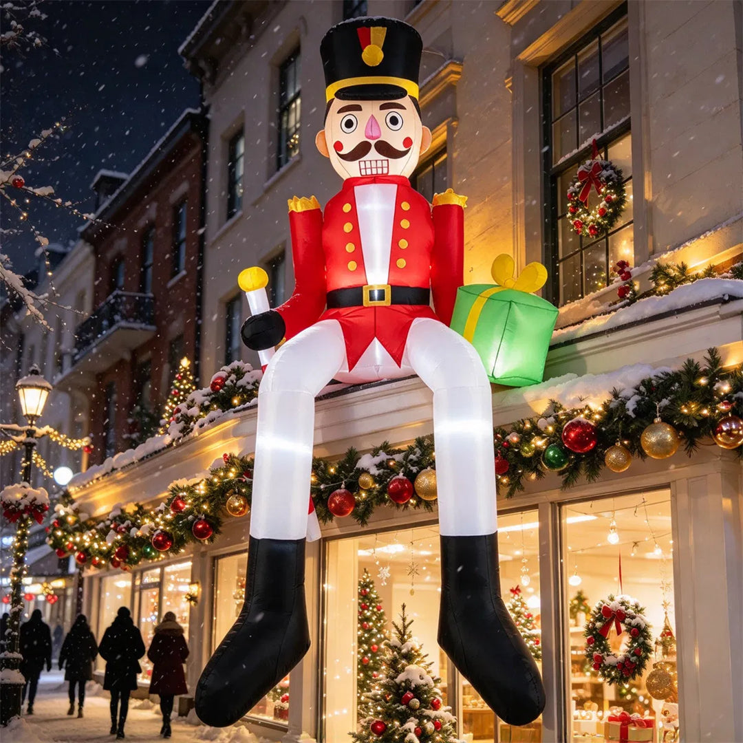 Giant inflatable sitting nutcracker lit up