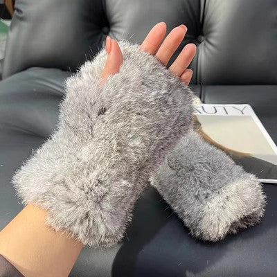 White fluffy fur fingerless mittens