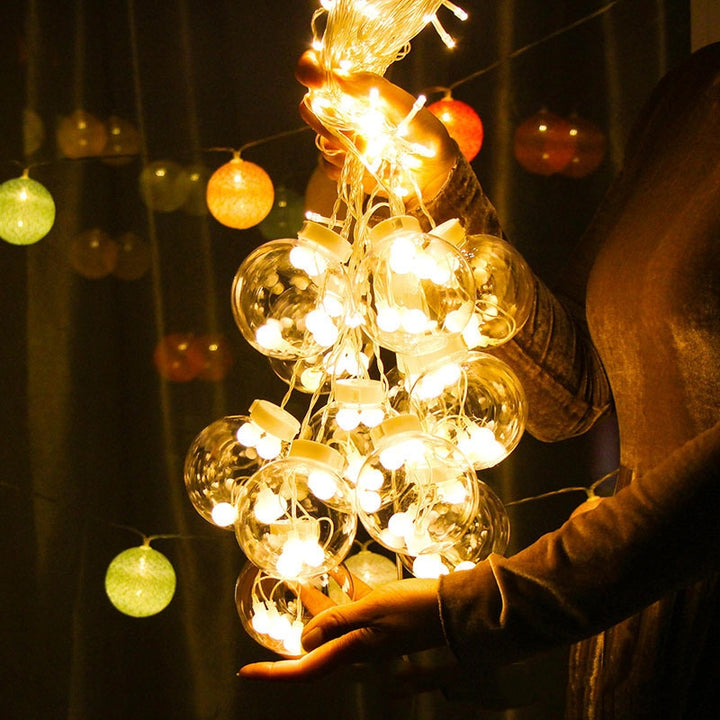 LED globe curtain lights in window
