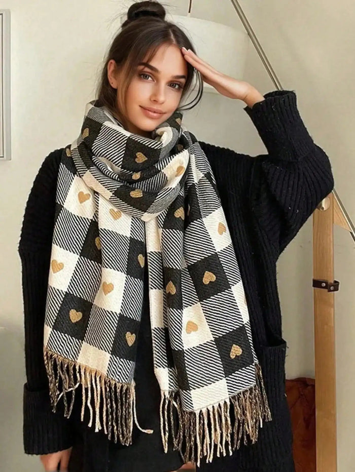Colverro™ Plaid Heart Pattern Winter Scarf – Soft Wrap Shawl