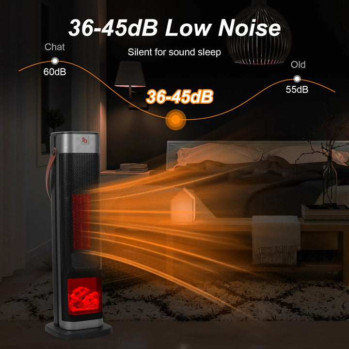 Black tower space heater with glowing flame effect window