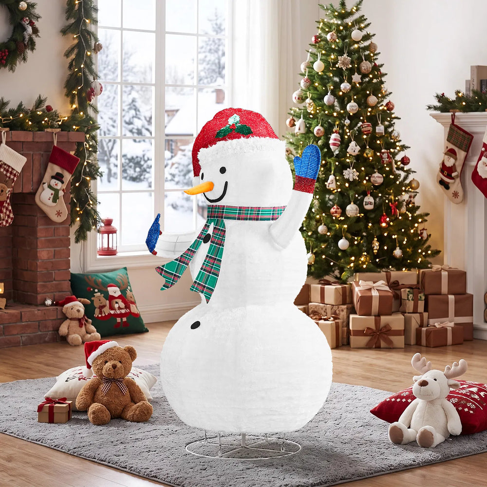 Lighted fabric snowman with plaid scarf