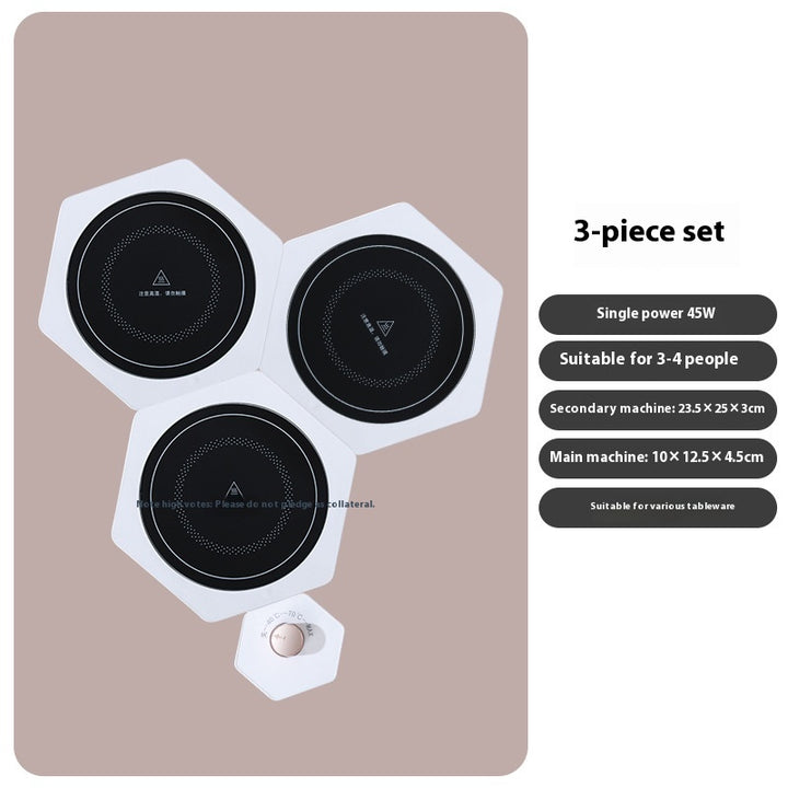 White hexagonal food warming plates joined in a cluster