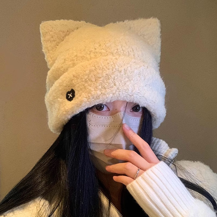 Cream fluffy sherpa beanie with cat ears