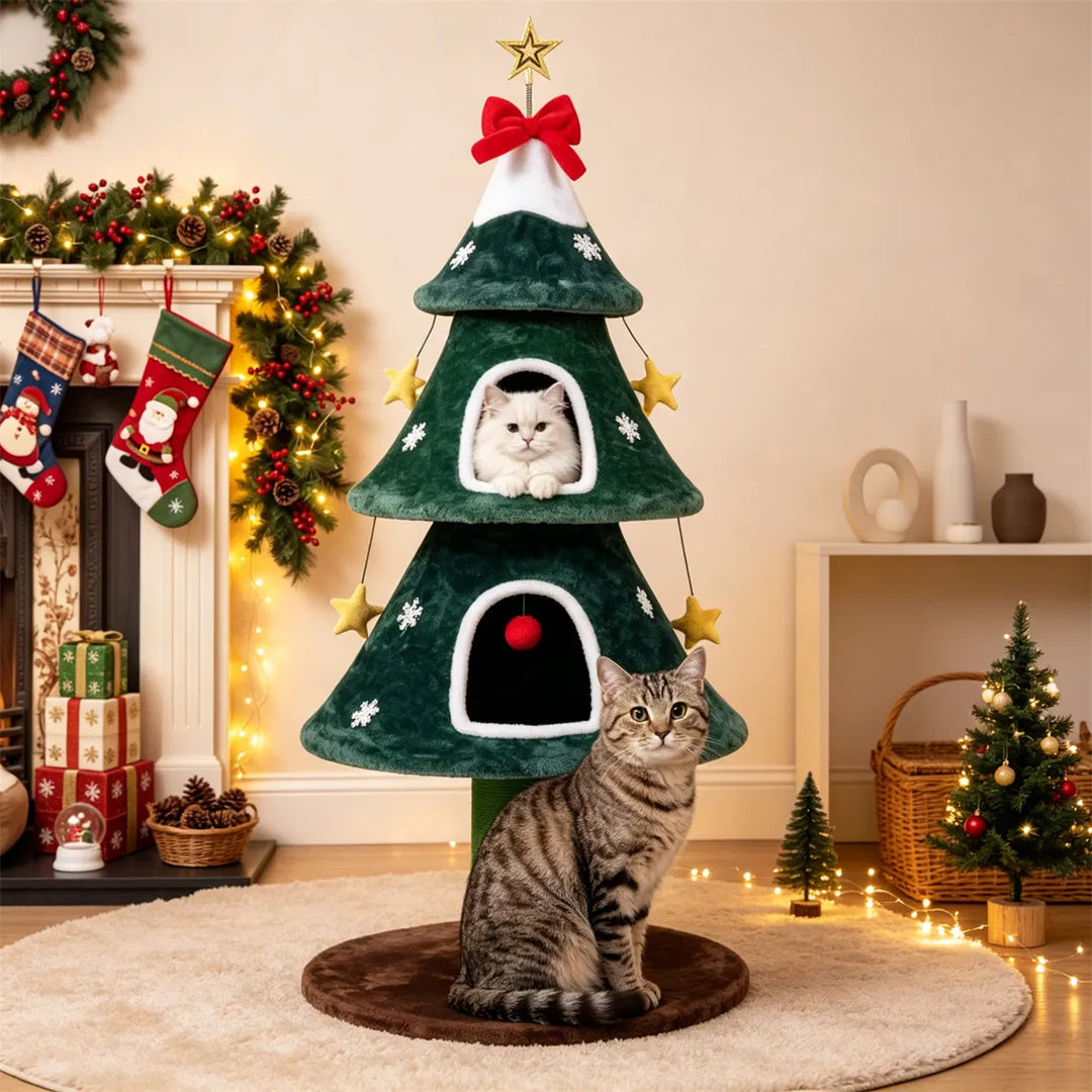 Green Christmas tree cat tower with star
