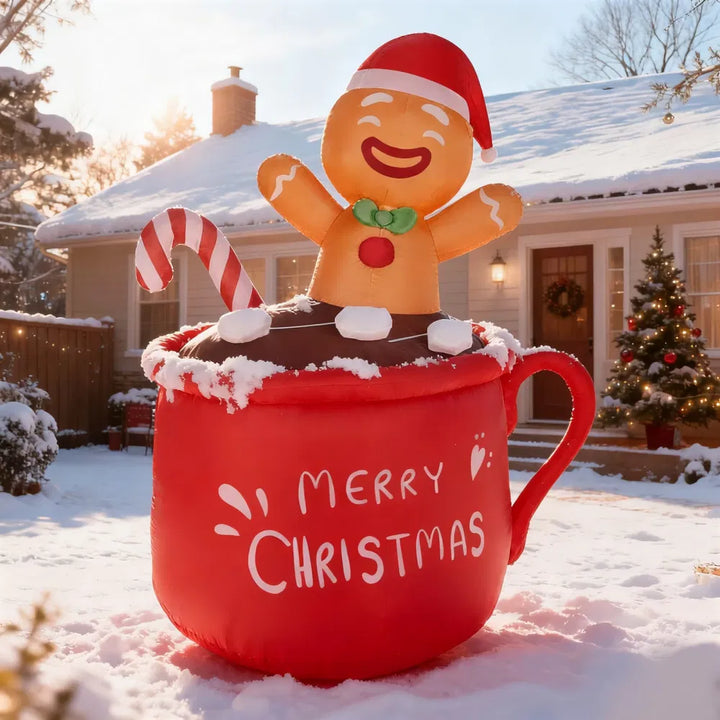 Inflatable gingerbread man in cocoa mug