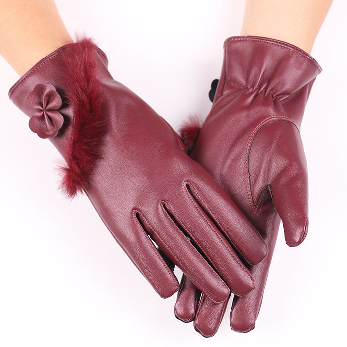 Colverro Faux Leather Gloves with Fluffy Cuff and Bow