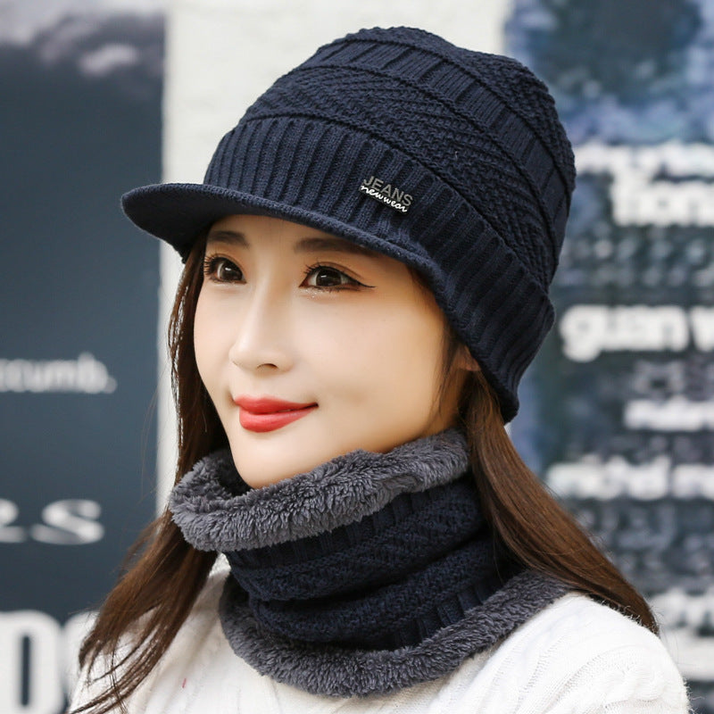 Gray peaked knit beanie with matching neck warmer
