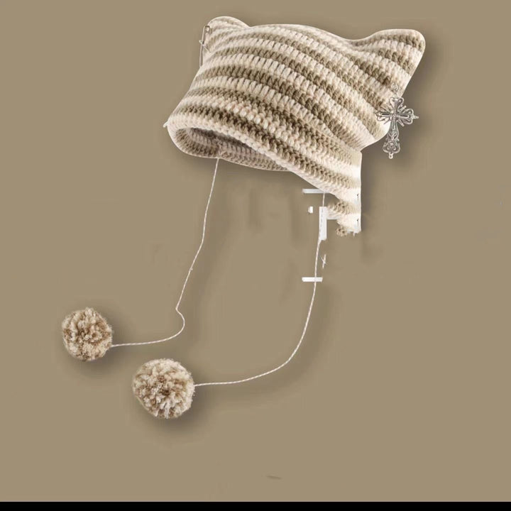 Striped cat ear beanie with pompom ties