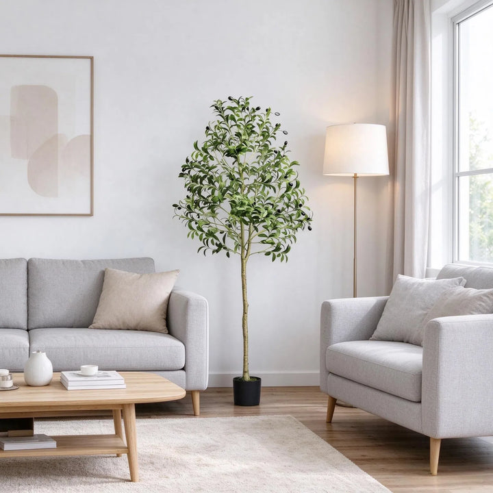Artificial potted olive tree in living room