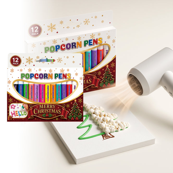 Twelve colorful puffy paint pens with Christmas drawings