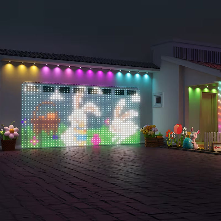 Smart LED curtain light showing a Christmas pattern