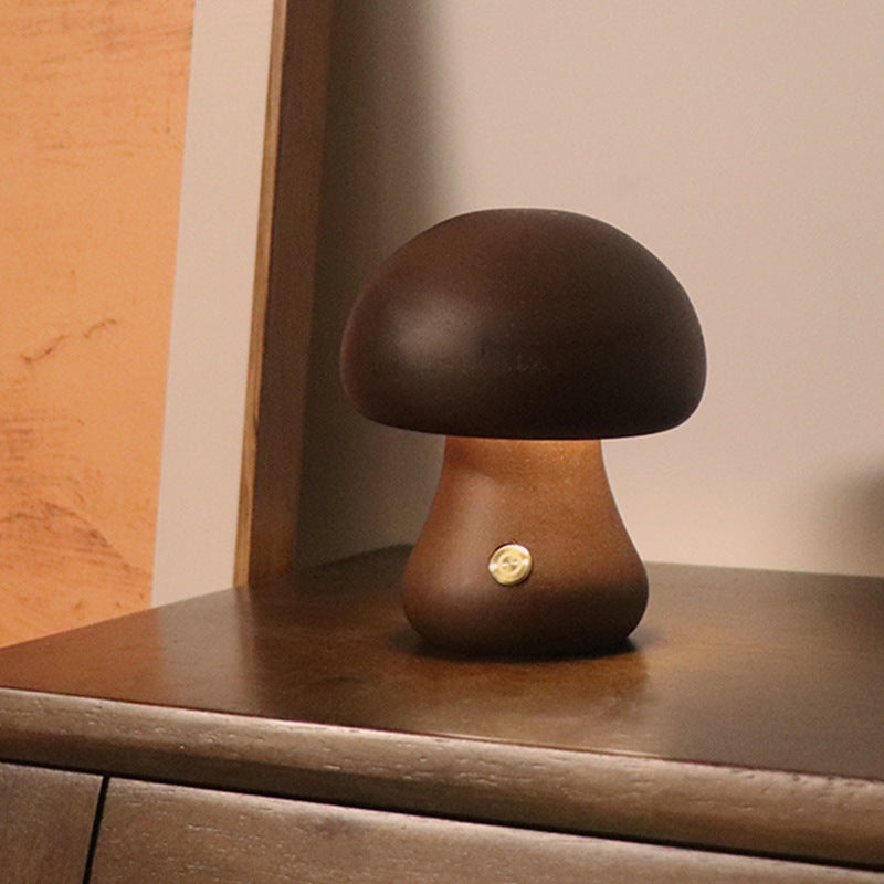 Wooden mushroom lamp glowing warm