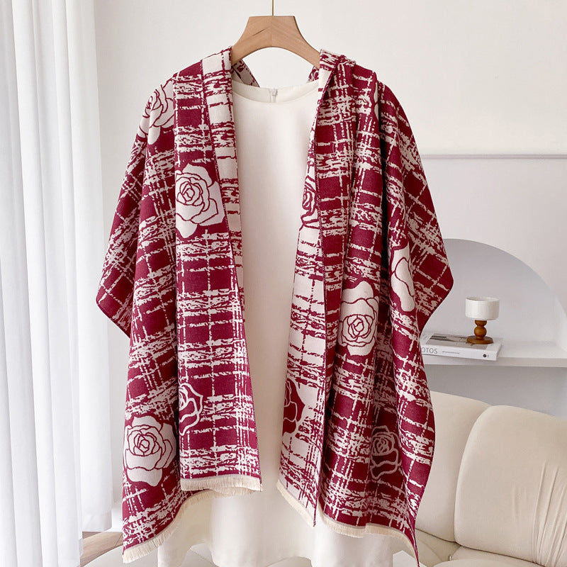 Wine red plaid shawl with roses