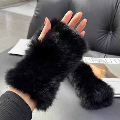 White fluffy fur fingerless mittens