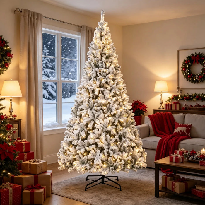 Colverro 9 ft Flocked Fraser Fir Christmas Tree with 600 Lights