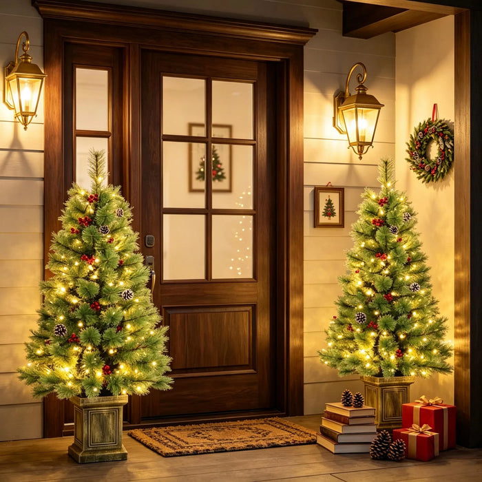 Colverro Set of 2 Battery 4 ft Porch Trees with Berries and Remote