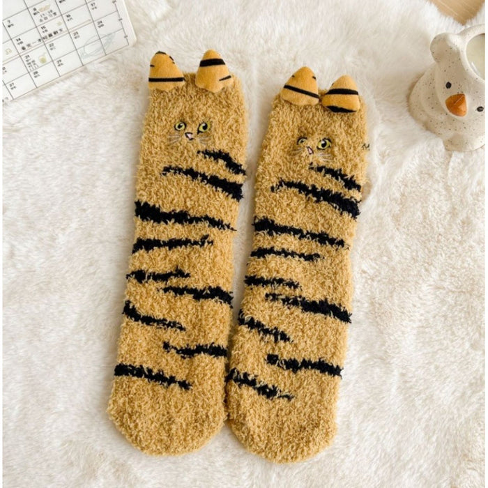 Colverro Coral Fleece Cat Socks with 3D Ears and Tail
