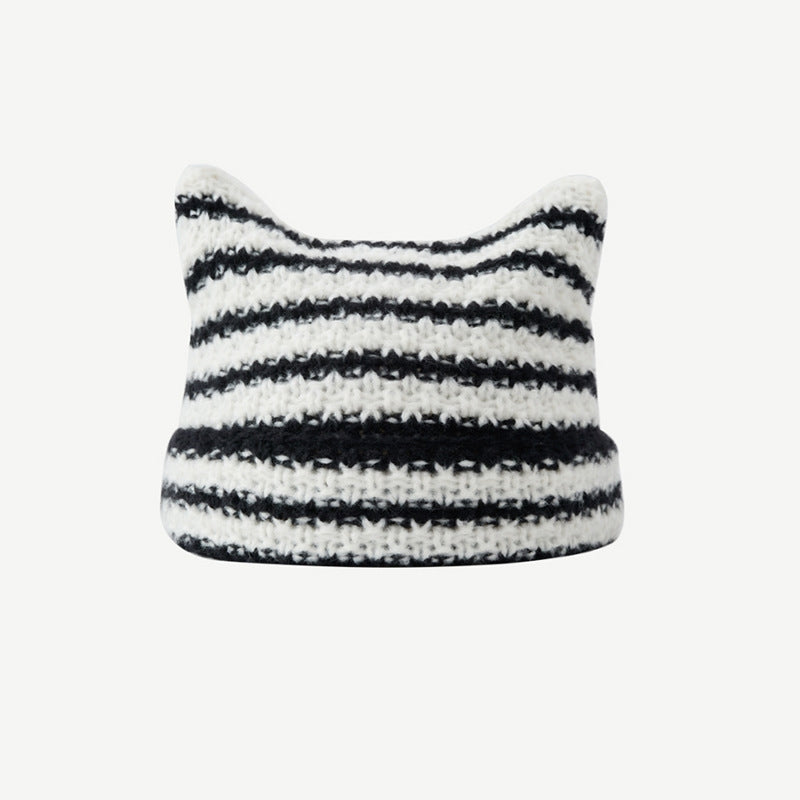 Striped cat ear beanie with pompom ties