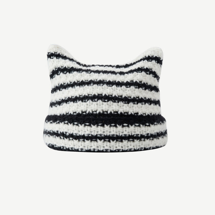 Striped cat ear beanie with pompom ties