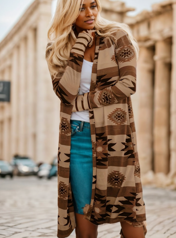 Colverro Long Open-Front Cardigan with Color-Block Pattern