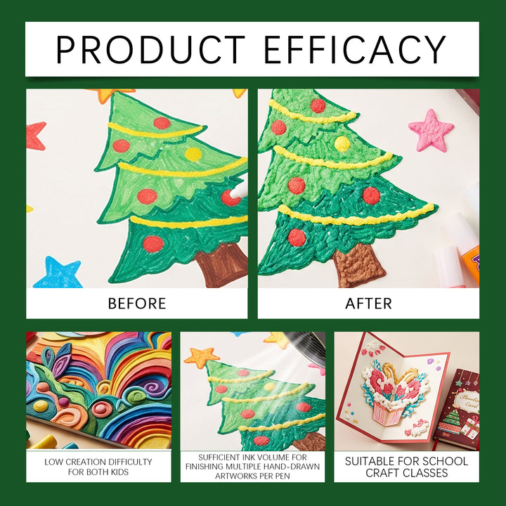 Twelve colorful puffy paint pens with Christmas drawings