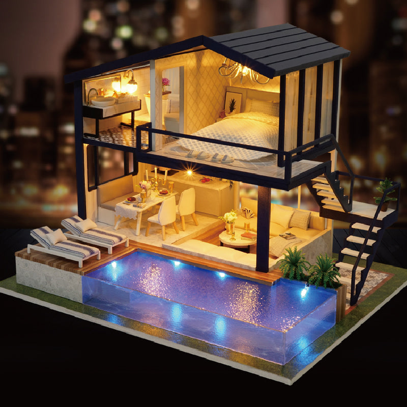 Finished miniature dollhouse with pool