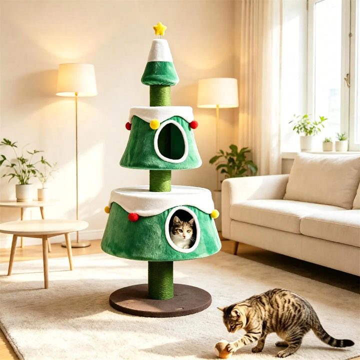 Christmas tree shaped cat tower with condos