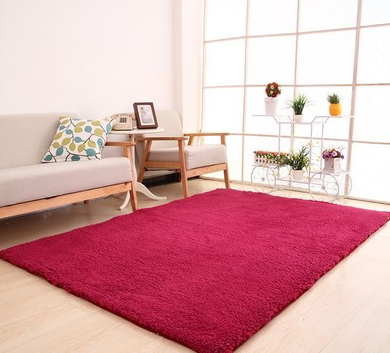 Fluffy beige shag rug in living room