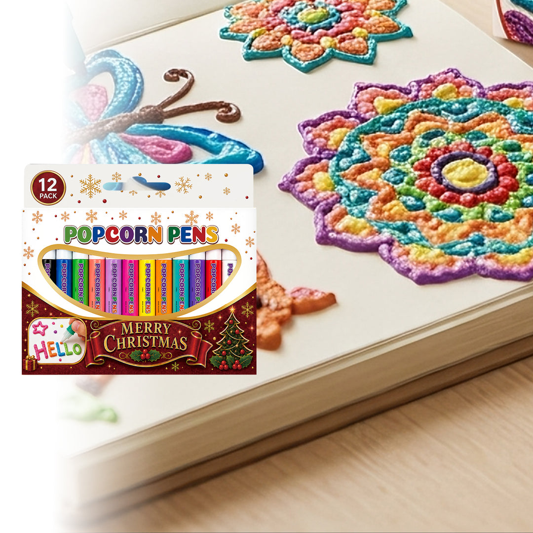 Twelve colorful puffy paint pens with Christmas drawings
