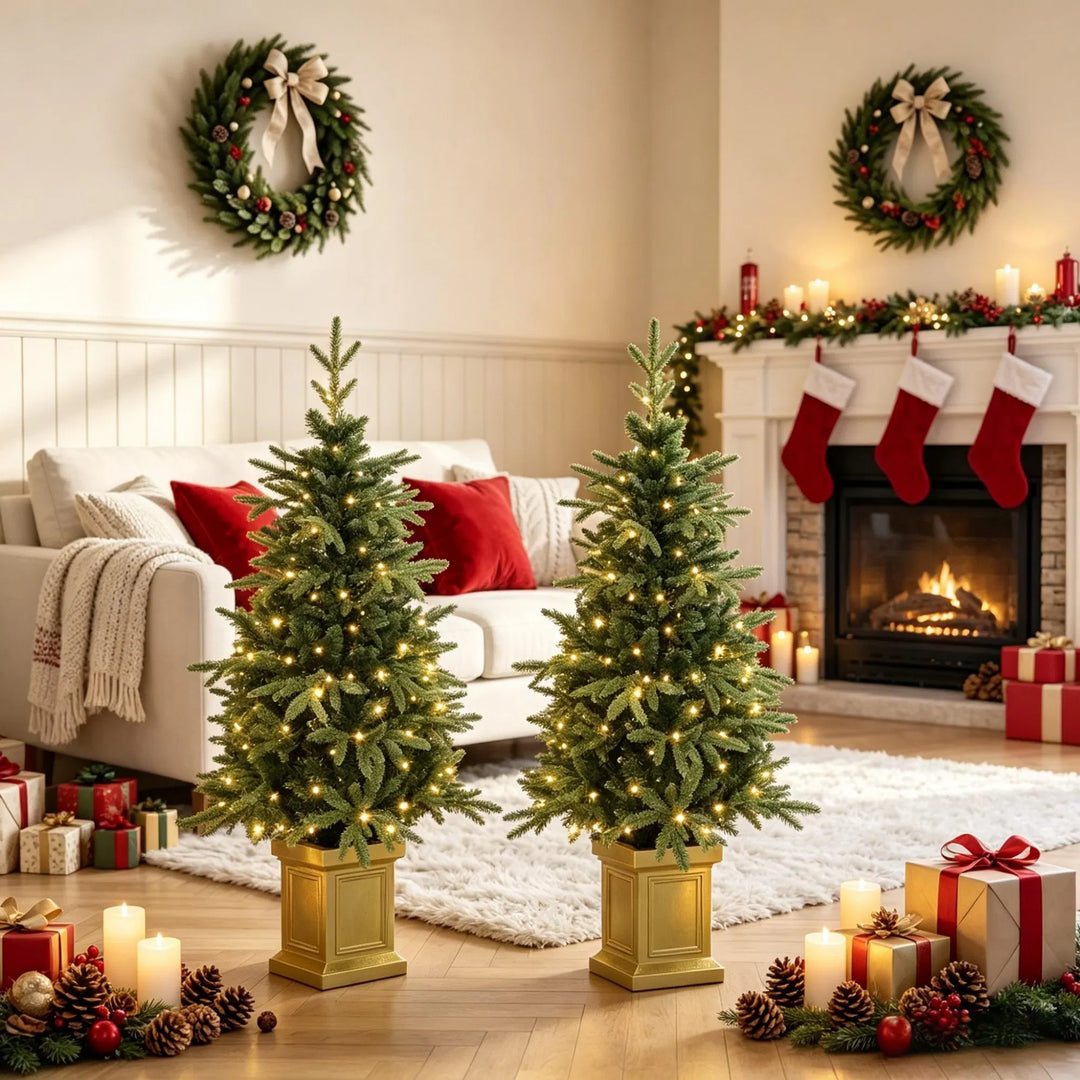 Two potted lit Christmas trees in gold pots