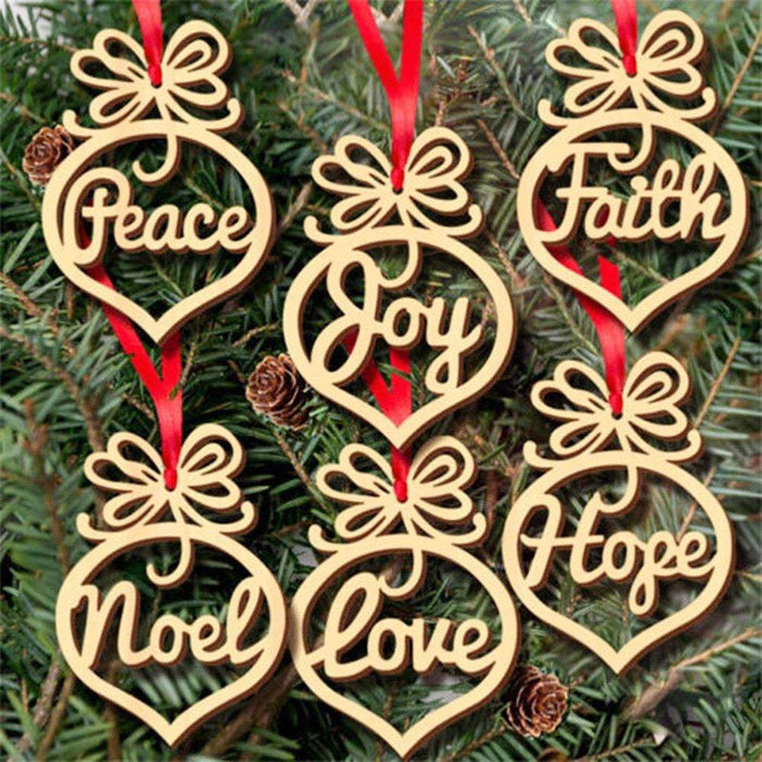Colverro™ Wooden Word Christmas Ornaments – Set of 6 With Ribbons
