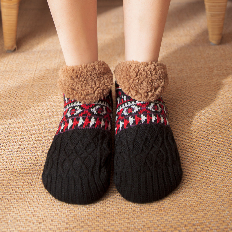 Knit slipper socks with fleece cuff