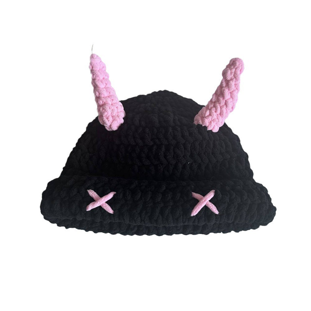 Black chunky crochet bucket hat with pink horns
