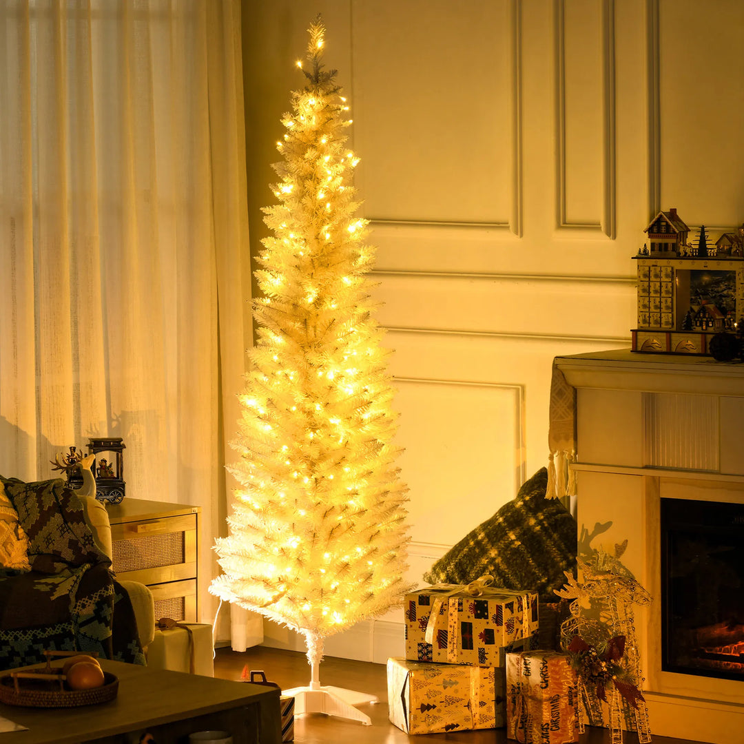 White pre-lit pencil Christmas tree with warm lights