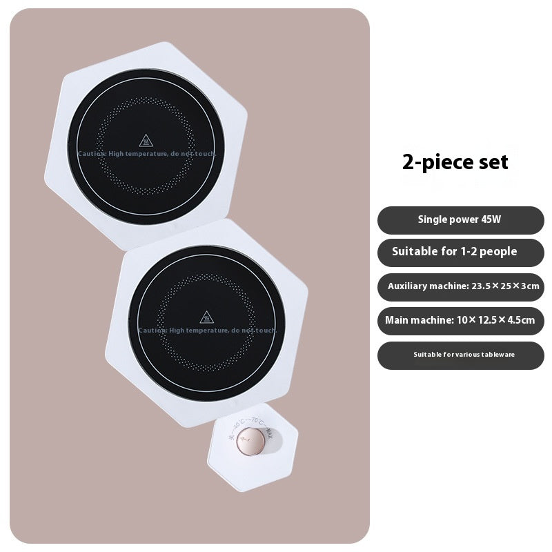 White hexagonal food warming plates joined in a cluster