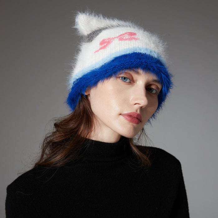 Colverro Shaggy Cat Ear Beanie with Bow Pattern