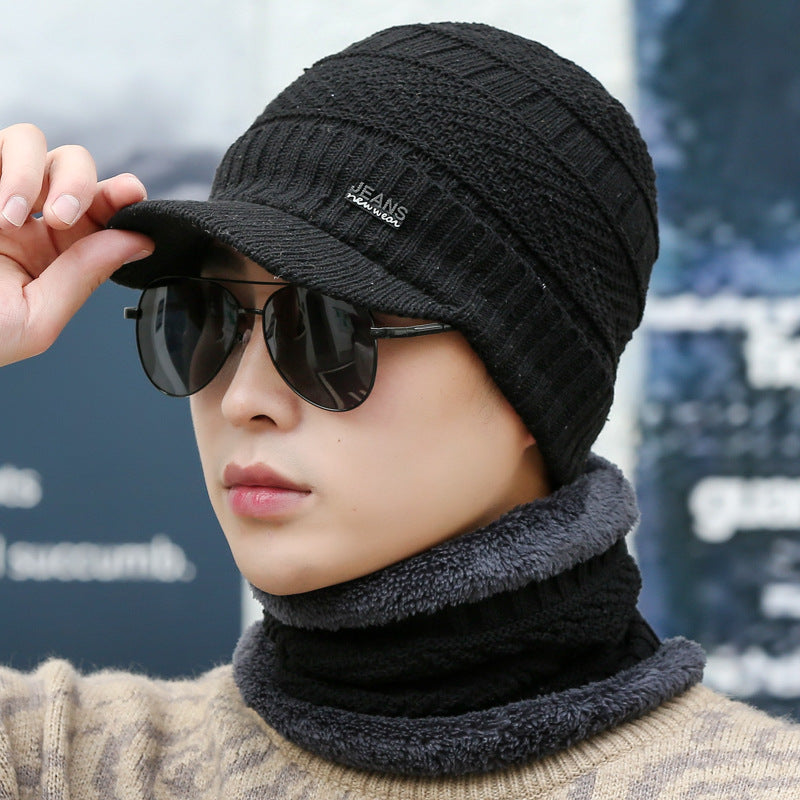 Gray peaked knit beanie with matching neck warmer