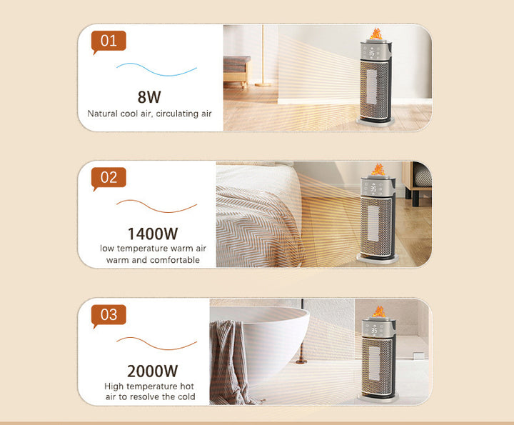 Silver tower fan heater with glowing flame-effect humidifier