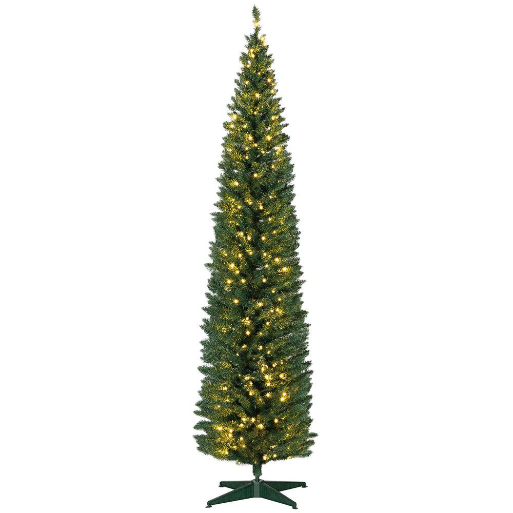 Tall slim green pre-lit Christmas tree