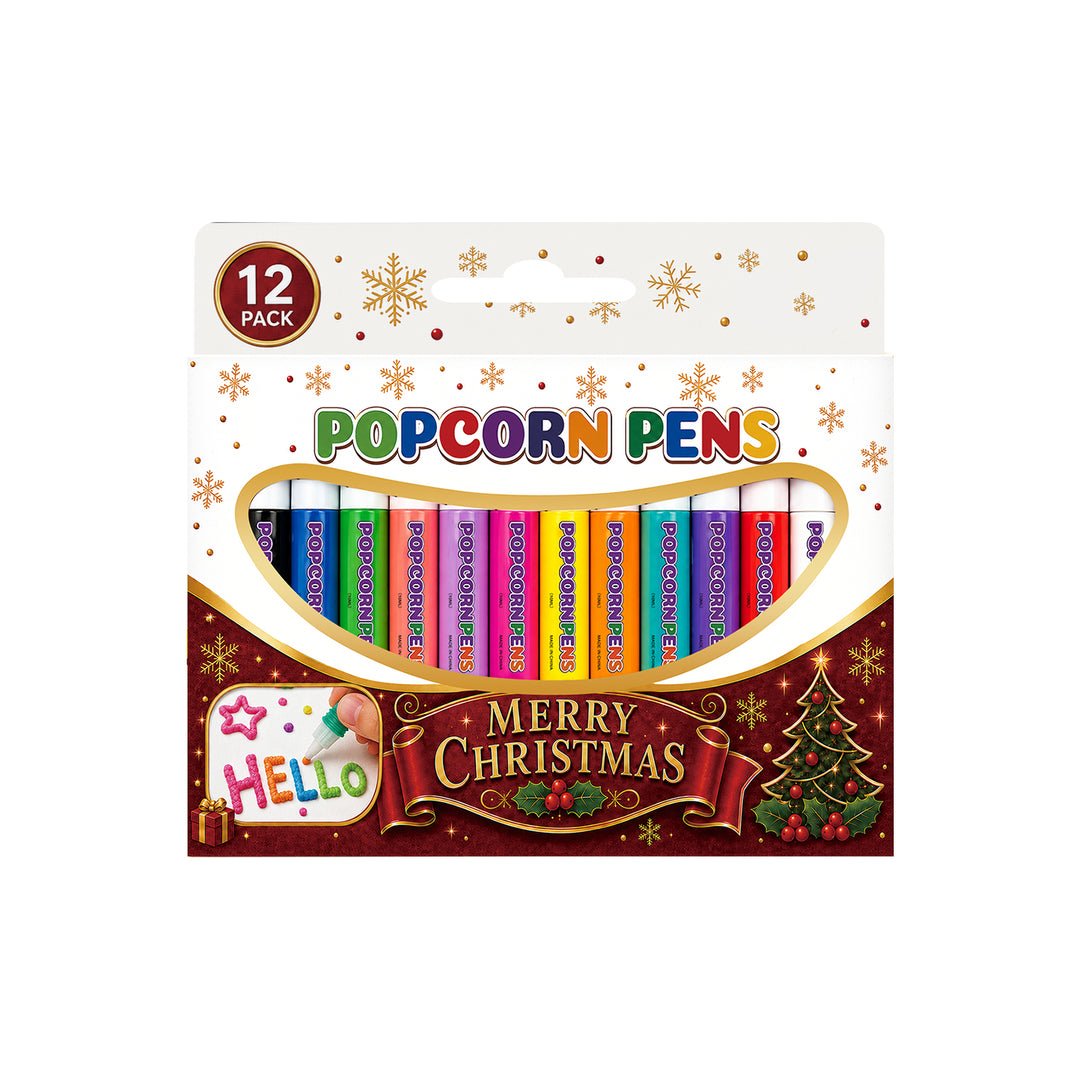 Twelve colorful puffy paint pens with Christmas drawings