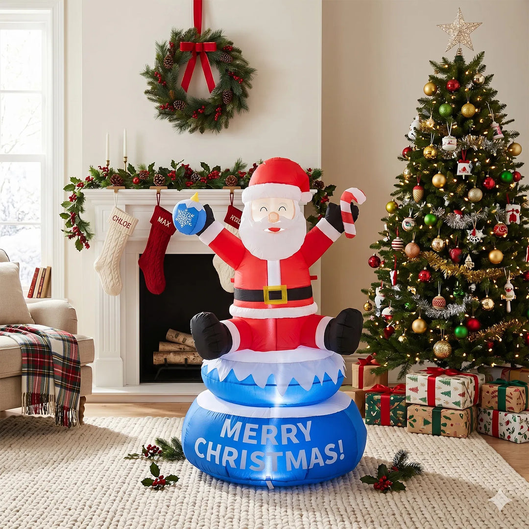 Inflatable lighted Santa on a rotating Merry Christmas base