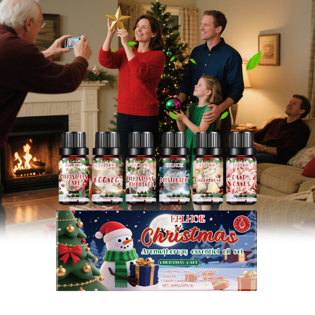 Six Christmas fragrance oil bottles in gift box