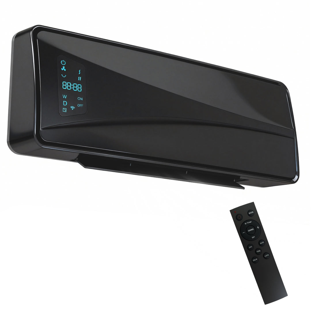 Black wall-mounted fan heater with LED display