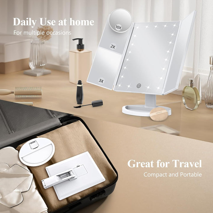 Colverro™ Tri-Fold LED Makeup Mirror with 10x Magnification and Tray