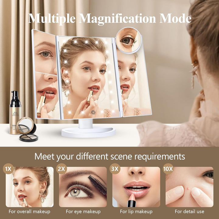 Colverro™ Tri-Fold LED Makeup Mirror with 10x Magnification and Tray